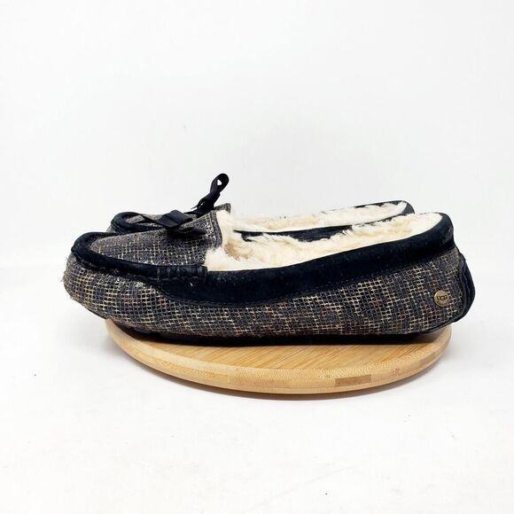 UGG Rylee Slipper Womens 8 Black Metallic Leopard Shearling Loafer Moc Toe Shoe - Picture 1 of 14